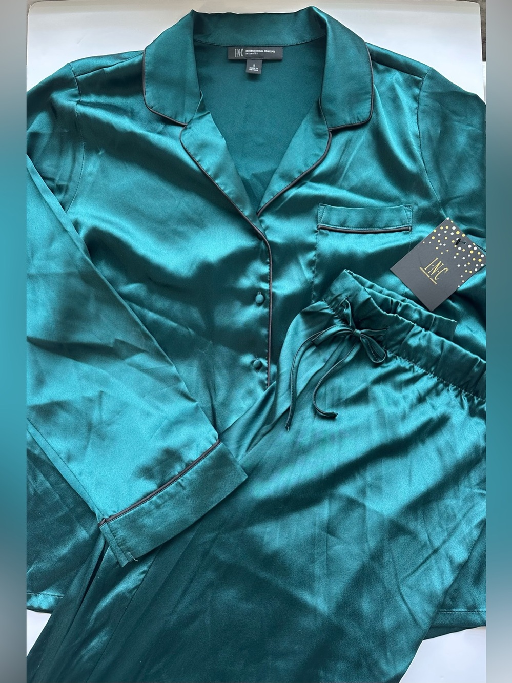 INC International Concepts Teal Satin Woman’s Pajama Set with Contrast Piping